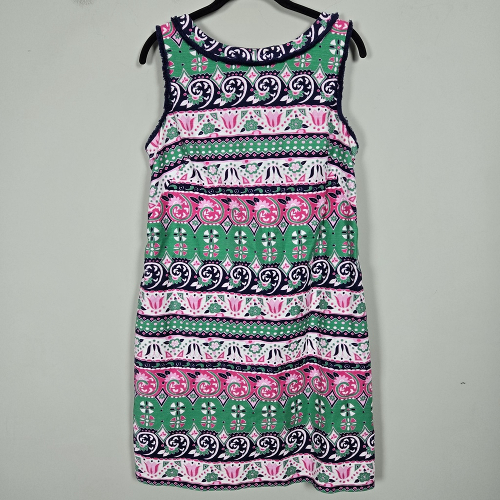Talbots Womens Fringe Knee Length Sheath Dress Size 10 Green Pink Preppy Floral